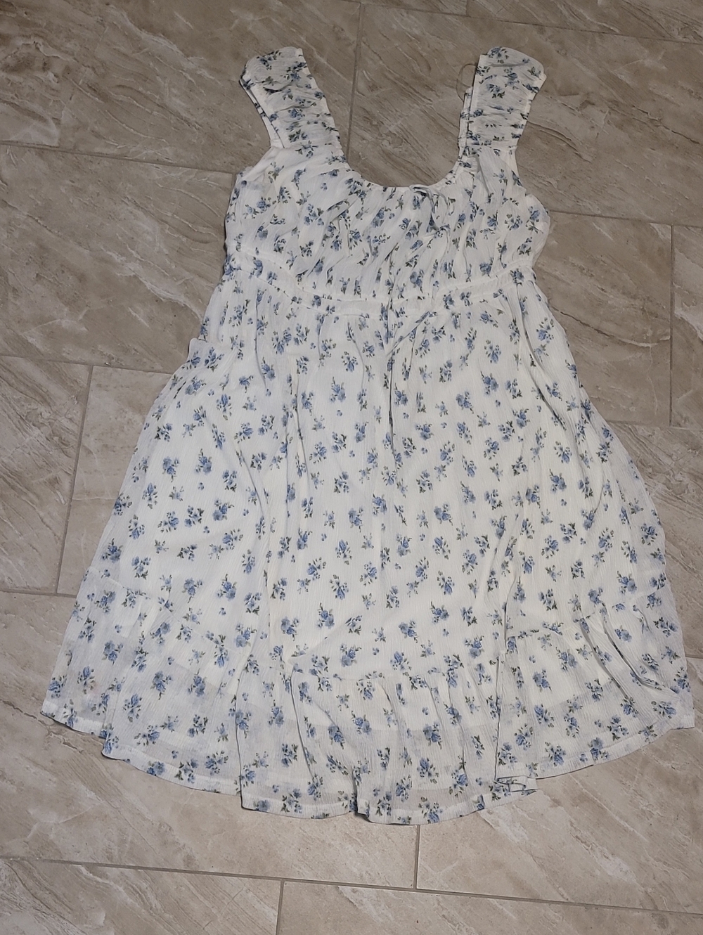 White Sundress with Blue Floral Print and Ruffled Straps